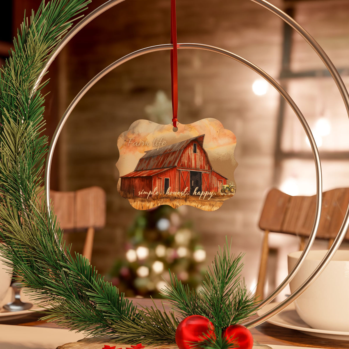 Farm Life Red Barn Aluminum Christmas Ornament