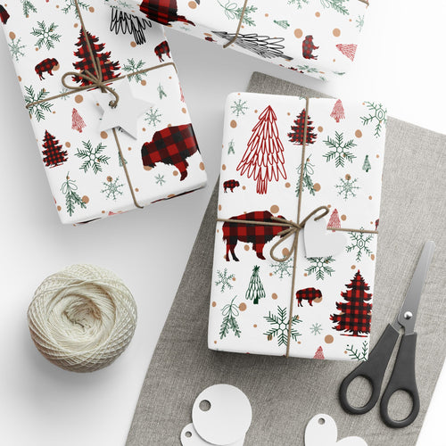 Christmas Buffalo Plaid Wrapping Papers, Snowflakes, Rustic Holiday Gift Wrap - Matte or Glossy Finish, 3 Roll Sizes, Xmas Trees, Red Black,