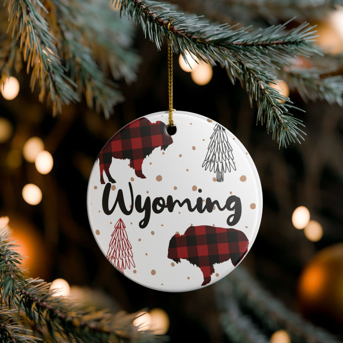 Wyoming Buffalo Plaid Ceramic Christmas Ornament