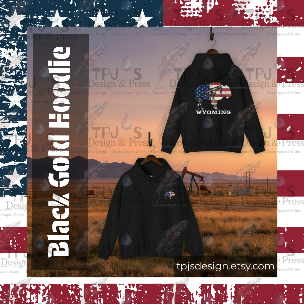 Wyoming Buffalo Hoodie, American Flag and Oil Pumpjack Sweatshirt, Unisex Hooded Pullover, Heavyweight Workwear Apparel, Wyoming Oilfield