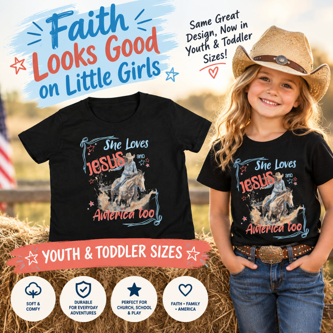 She Loves Jesus and America Too | Girls' Christian Cowgirl T-Shirt
