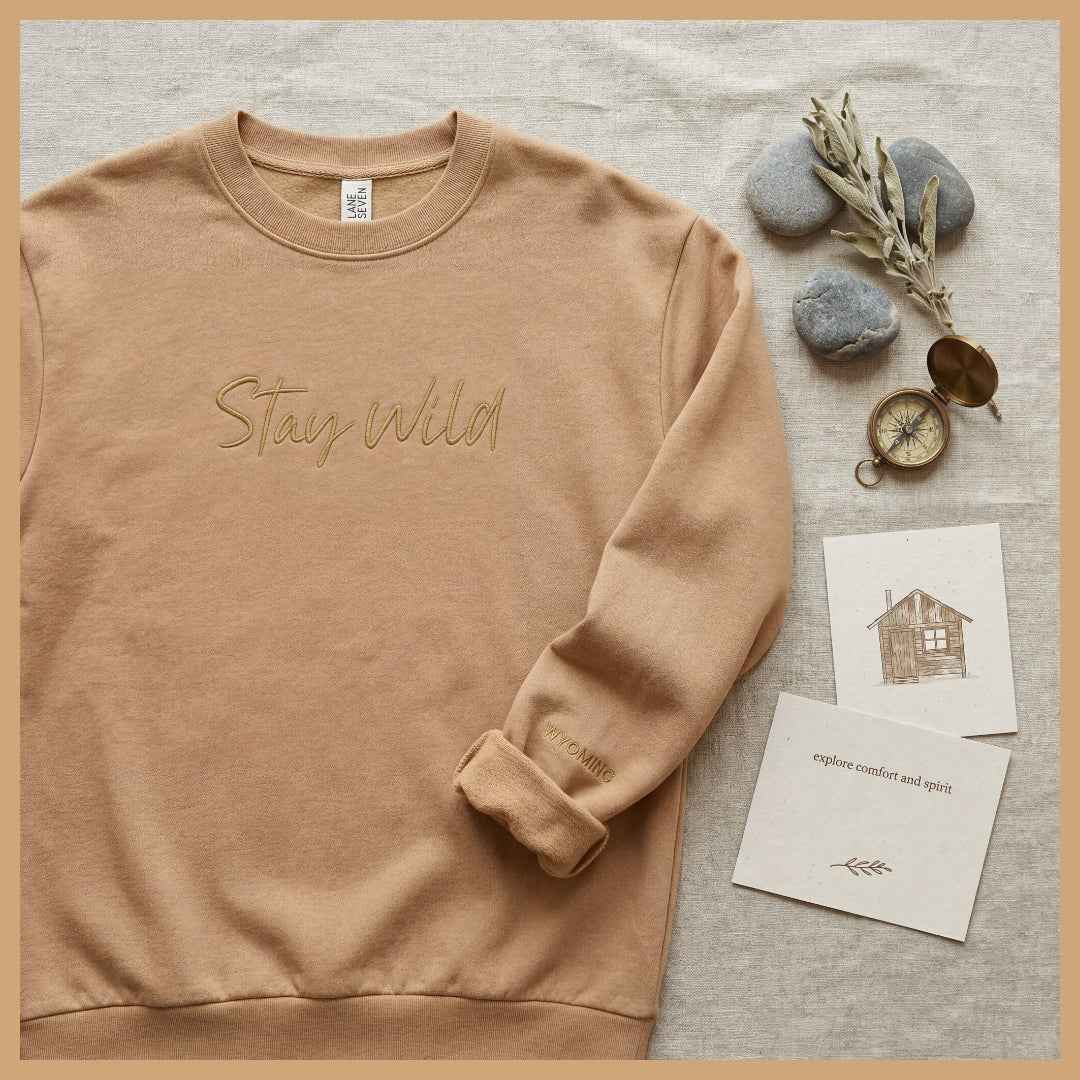 Tan Crewneck Sweatshirt: Embrace Comfort and Style with Stay Wild Embroidery