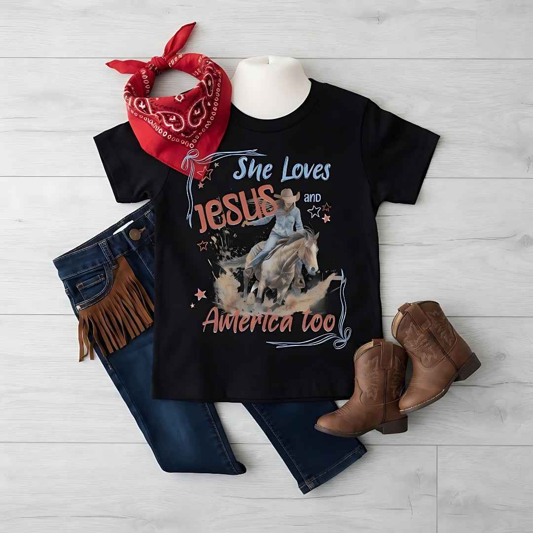 She Loves Jesus and America Too | Girls' Christian Cowgirl T-Shirt