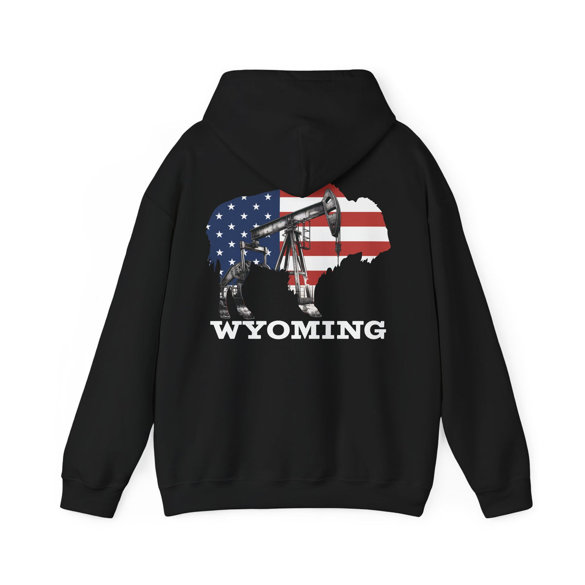 Wyoming Buffalo Hoodie, American Flag and Oil Pumpjack Sweatshirt, Unisex Hooded Pullover, Heavyweight Workwear Apparel, Wyoming Oilfield
