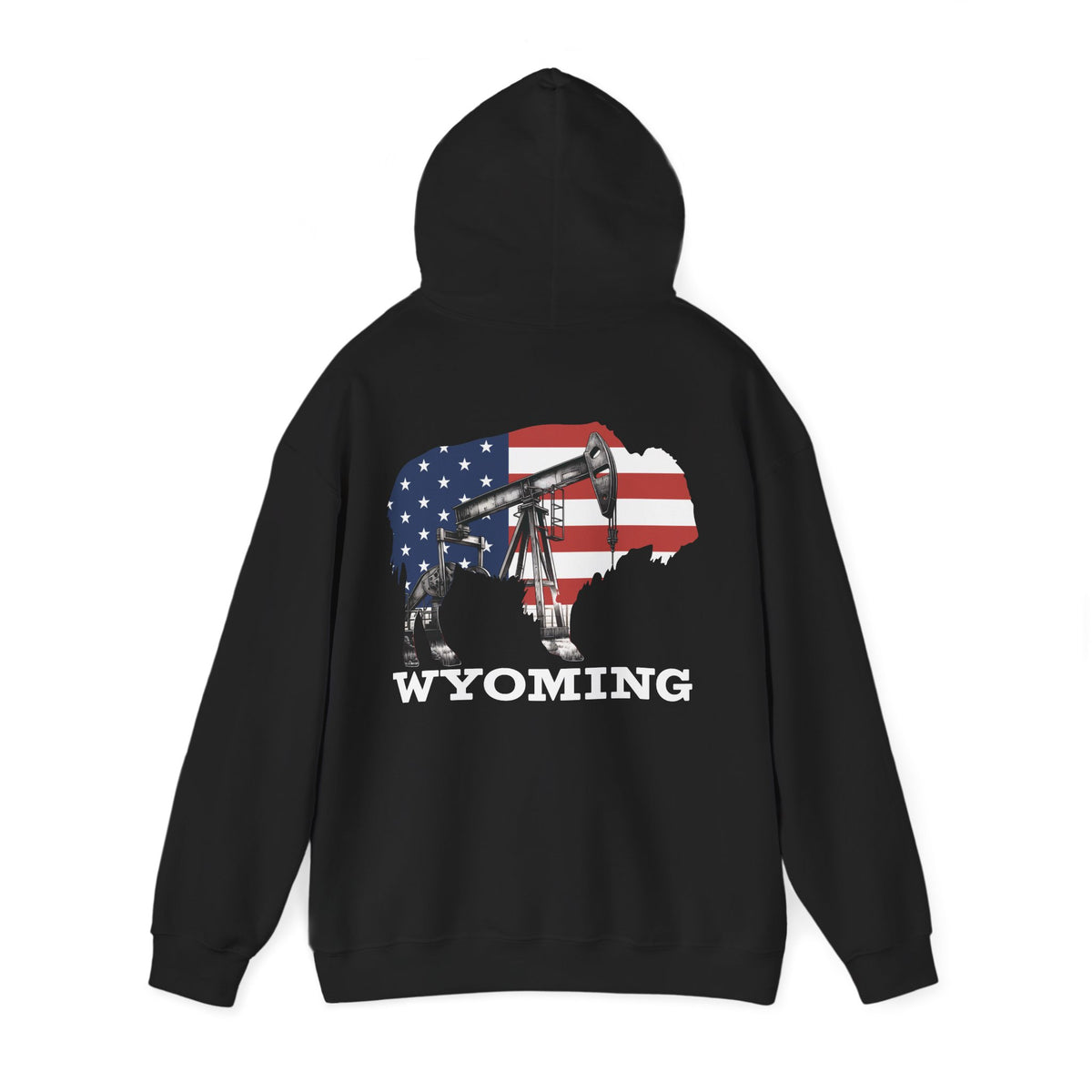 Wyoming Buffalo Hoodie, American Flag and Oil Pumpjack Sweatshirt, Unisex Hooded Pullover, Heavyweight Workwear Apparel, Wyoming Oilfield