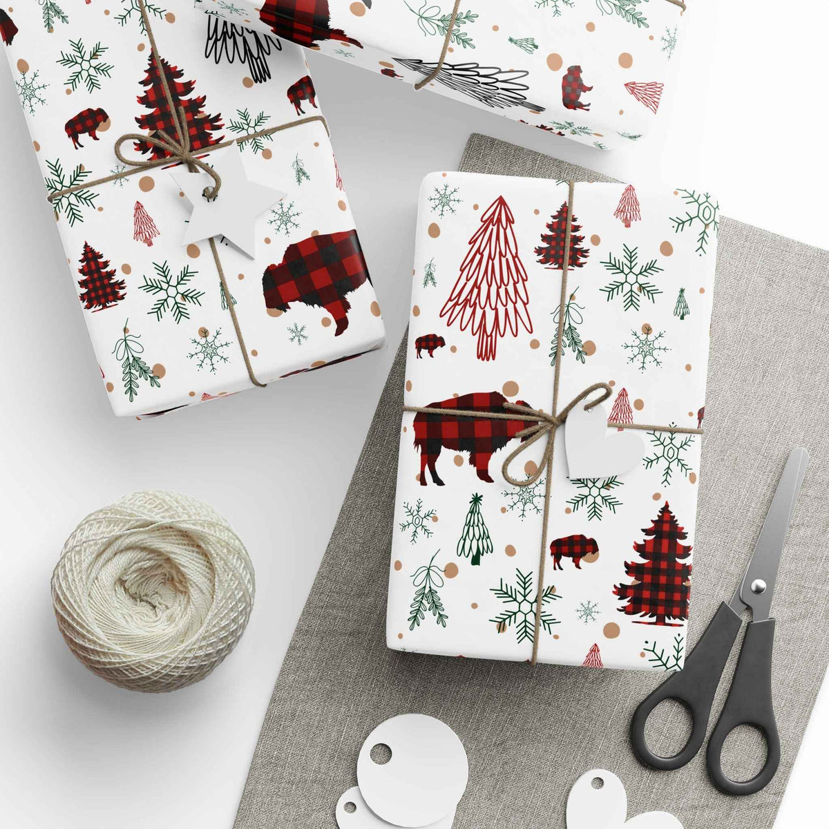 Christmas Buffalo Plaid Wrapping Papers, Snowflakes, Rustic Holiday Gift Wrap - Matte or Glossy Finish, 3 Roll Sizes, Xmas Trees, Red Black,
