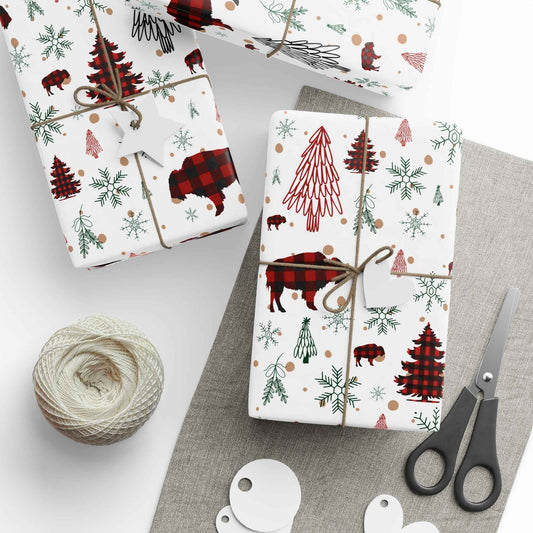Christmas Buffalo Plaid Wrapping Papers, Snowflakes, Rustic Holiday Gift Wrap - Matte or Glossy Finish, 3 Roll Sizes, Xmas Trees, Red Black,