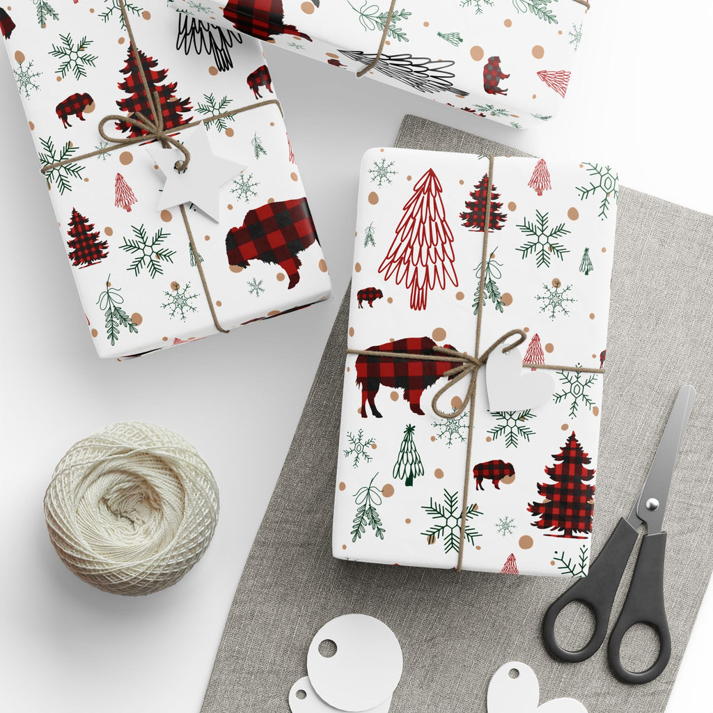 Christmas Buffalo Plaid Wrapping Papers, Snowflakes, Rustic Holiday Gift Wrap - Matte or Glossy Finish, 3 Roll Sizes, Xmas Trees, Red Black,