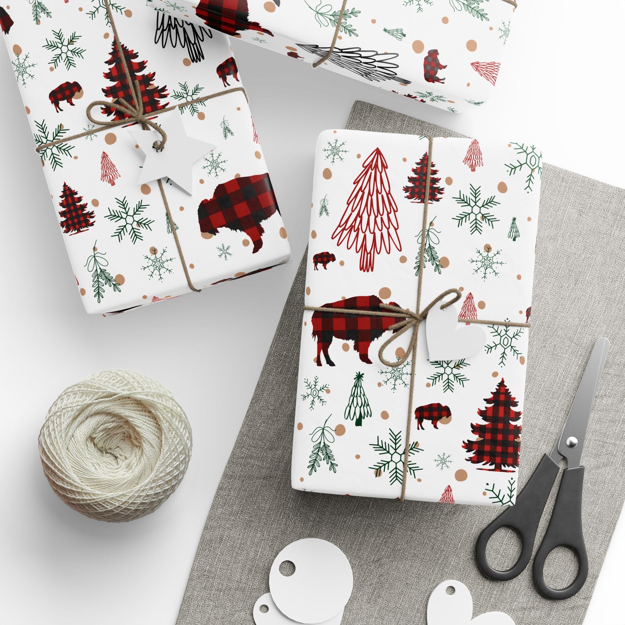 Christmas Buffalo Plaid Wrapping Papers, Snowflakes, Rustic Holiday Gift Wrap - Matte or Glossy Finish, 3 Roll Sizes, Xmas Trees, Red Black,