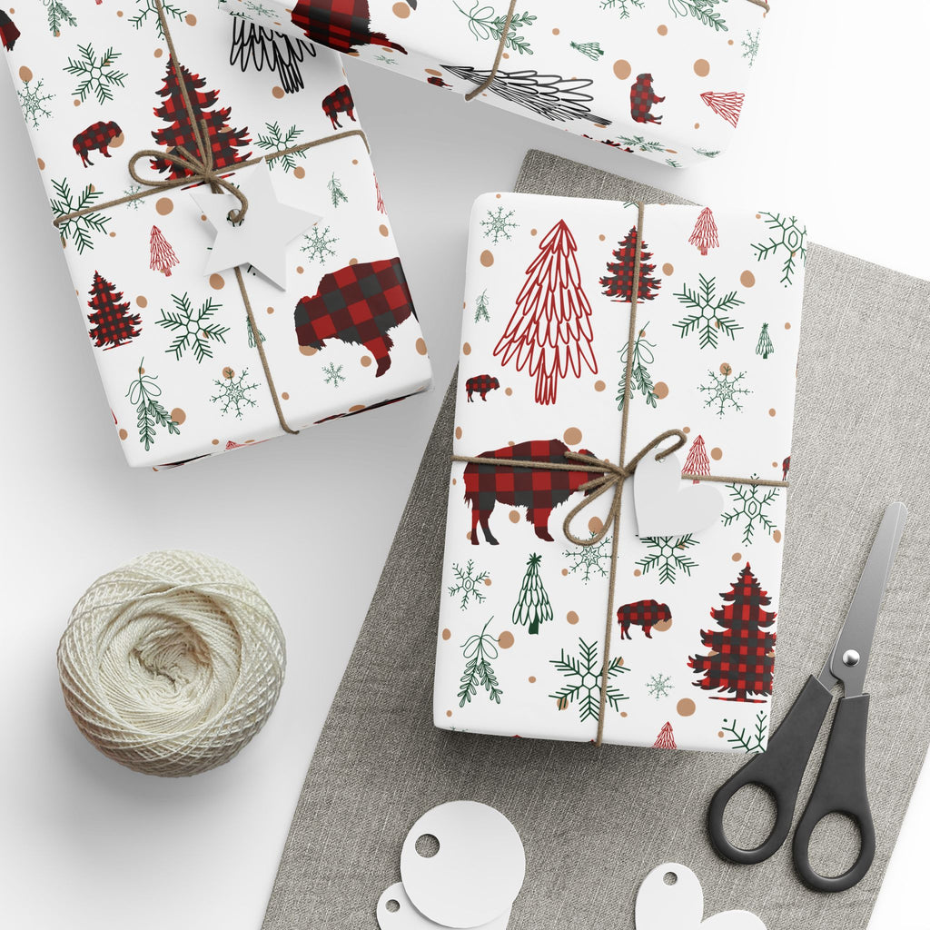 Christmas Buffalo Plaid Wrapping Papers, Snowflakes, Rustic Holiday Gift Wrap - Matte or Glossy Finish, 3 Roll Sizes, Xmas Trees, Red Black,