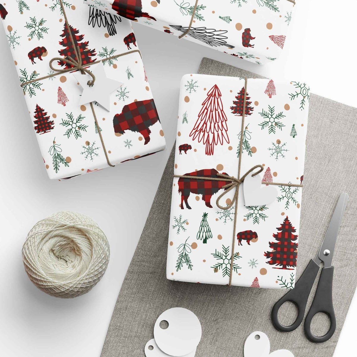 Christmas Buffalo Plaid Wrapping Papers, Snowflakes, Rustic Holiday Gift Wrap - Matte or Glossy Finish, 3 Roll Sizes, Xmas Trees, Red Black,