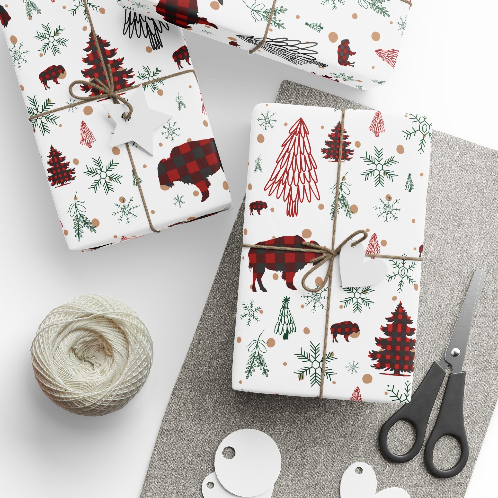Christmas Buffalo Plaid Wrapping Papers, Snowflakes, Rustic Holiday Gift Wrap - Matte or Glossy Finish, 3 Roll Sizes, Xmas Trees, Red Black,