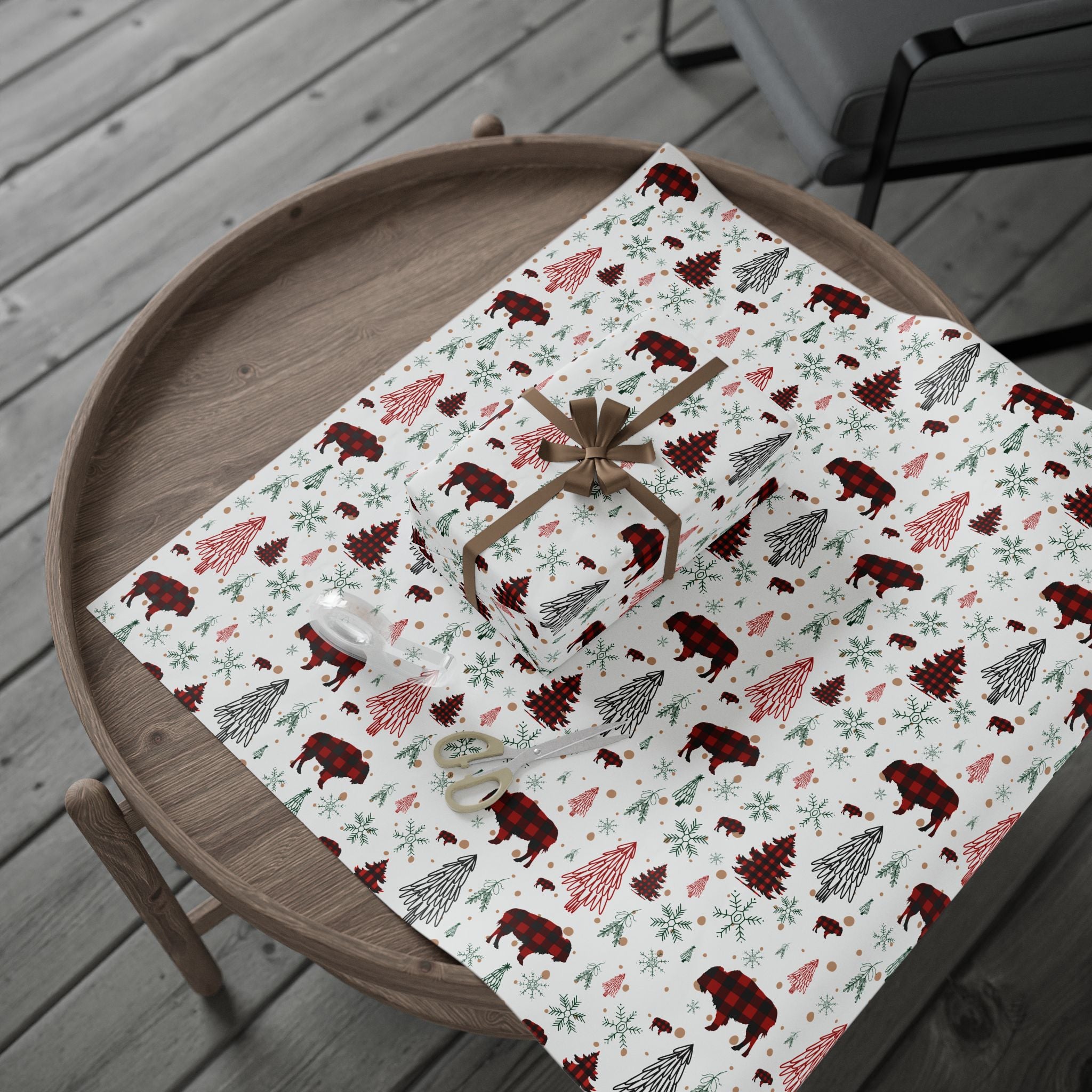 Christmas Buffalo Plaid Wrapping Papers, Snowflakes, Rustic Holiday Gift Wrap - Matte or Glossy Finish, 3 Roll Sizes, Xmas Trees, Red Black,