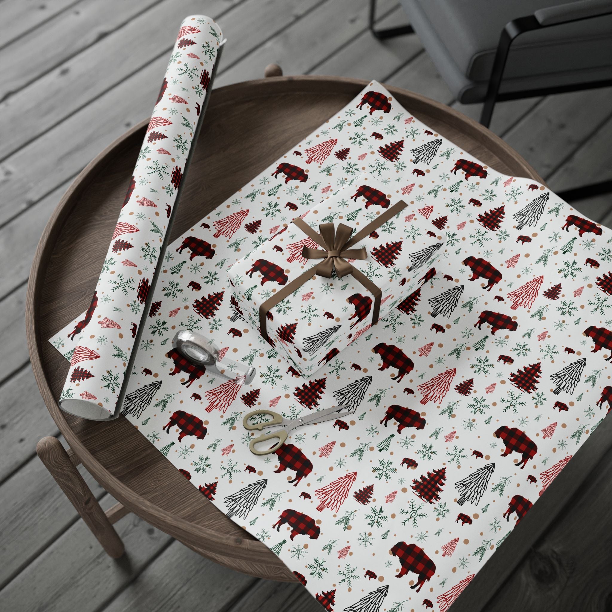 Christmas Buffalo Plaid Wrapping Papers, Snowflakes, Rustic Holiday Gift Wrap - Matte or Glossy Finish, 3 Roll Sizes, Xmas Trees, Red Black,