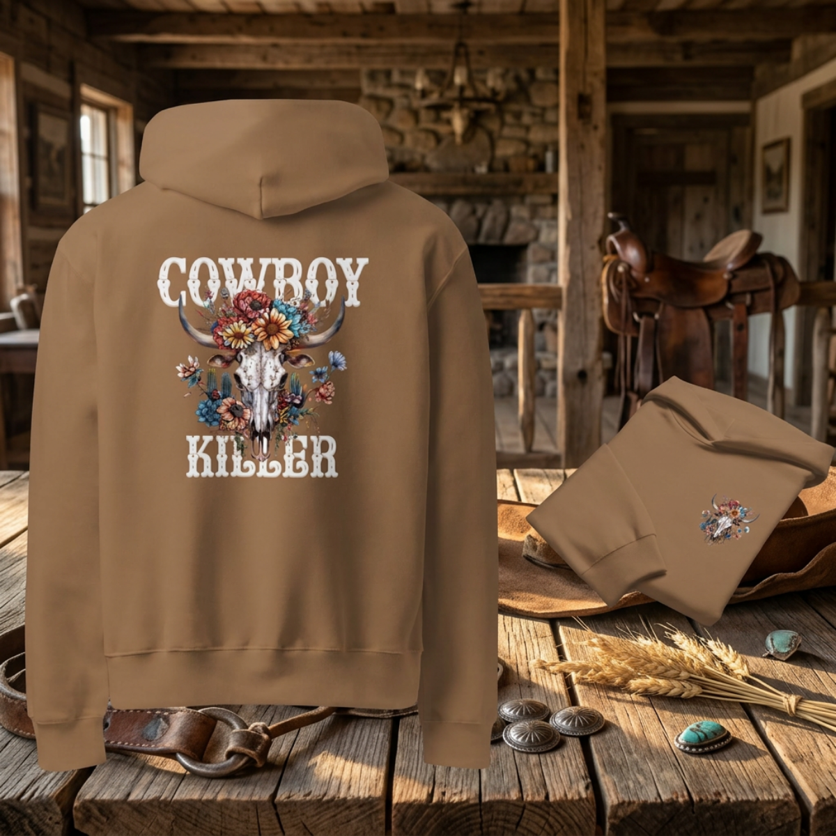 Western‑Inspired “Cowboy Killer” Hoodie – Oversized Khaki Brown Women’s Sweatshirt, Rustic Hoodie, Loungewear