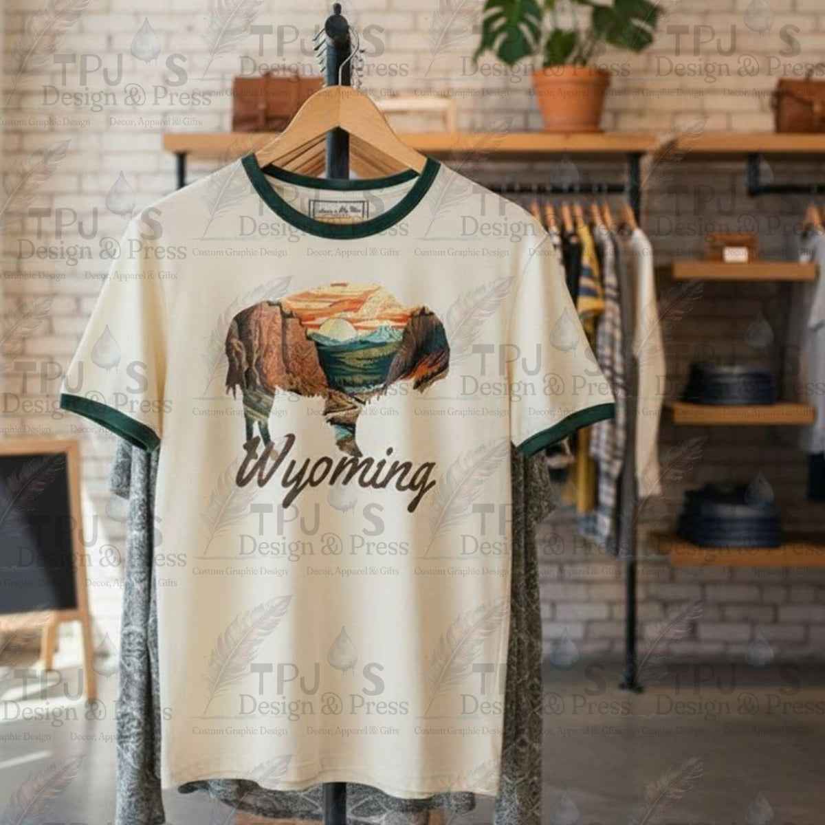 Yellowstone Falls Buffalo Ringer T‑Shirt – Rustic Wyoming Wildlife Design, Cotton T-shirt, Wyoming Apparel