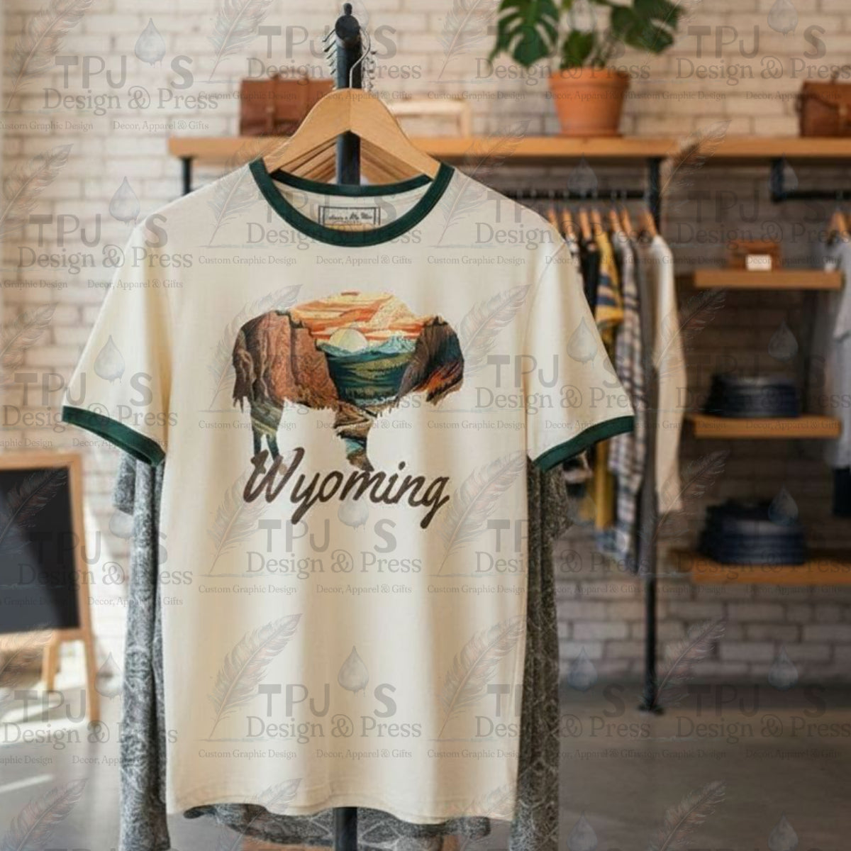 Yellowstone Falls Buffalo Ringer T‑Shirt – Rustic Wyoming Wildlife Design, Cotton T-shirt, Wyoming Apparel