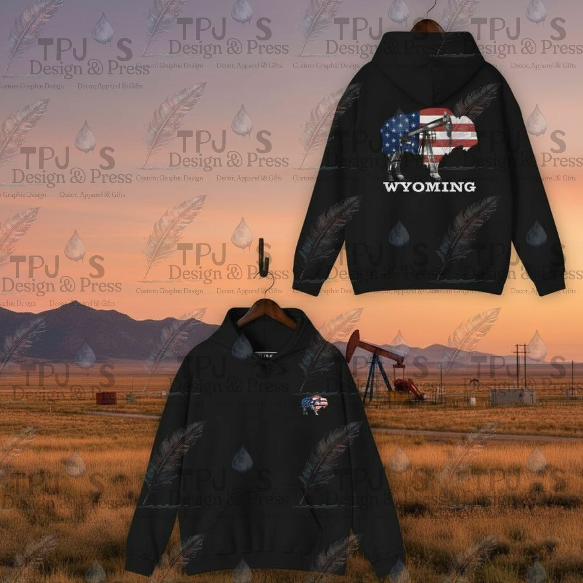 Wyoming Buffalo Hoodie, American Flag and Oil Pumpjack Sweatshirt, Unisex Hooded Pullover, Heavyweight Workwear Apparel, Wyoming Oilfield