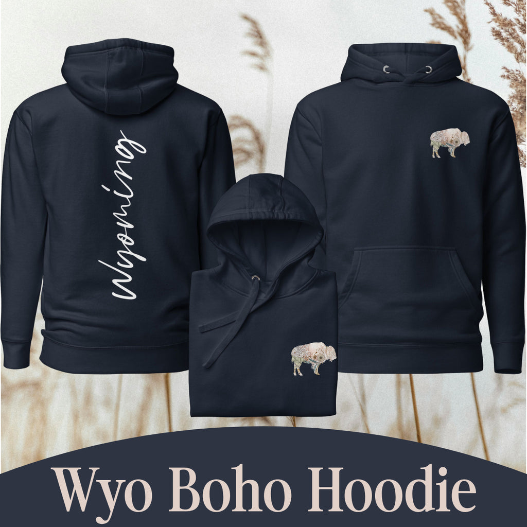 Wyoming Boho Buffalo Sweatshirt Hoodie – Navy Blue Back Print Western Apparel