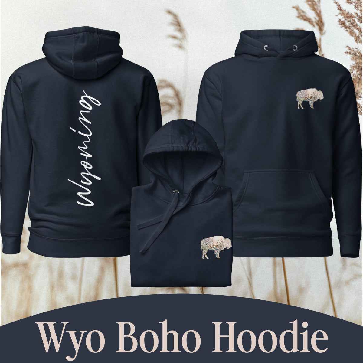Wyoming Boho Buffalo Sweatshirt Hoodie – Navy Blue Back Print Western Apparel