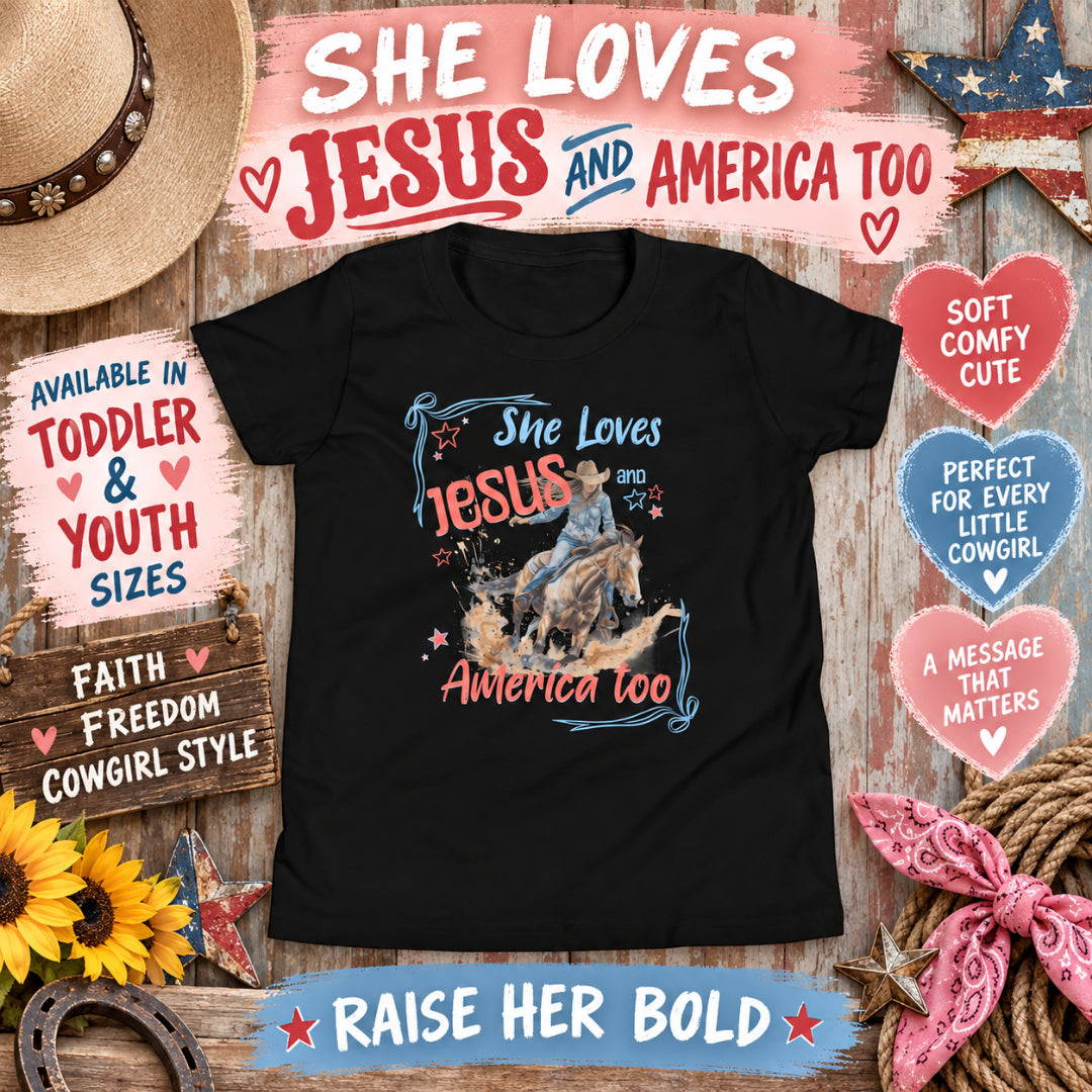 She Loves Jesus and America Too | Girls' Christian Cowgirl T-Shirt