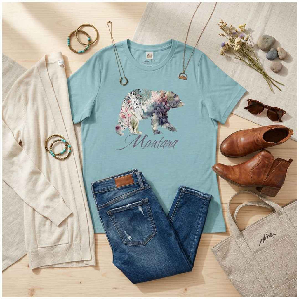 Montana Bear Women's T-Shirt – Purple Floral Wildlife Graphic Tee