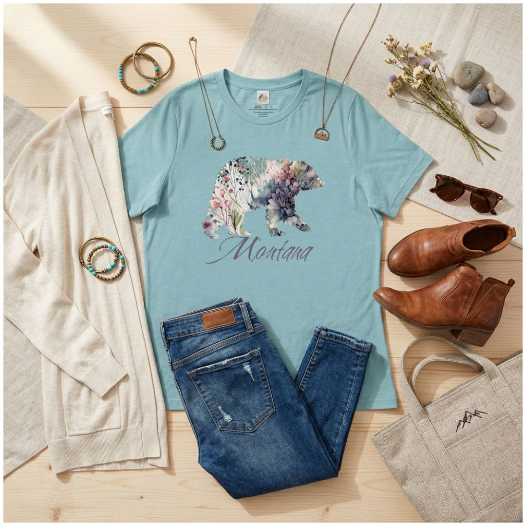 Montana Bear Women's T-Shirt – Purple Floral Wildlife Graphic Tee