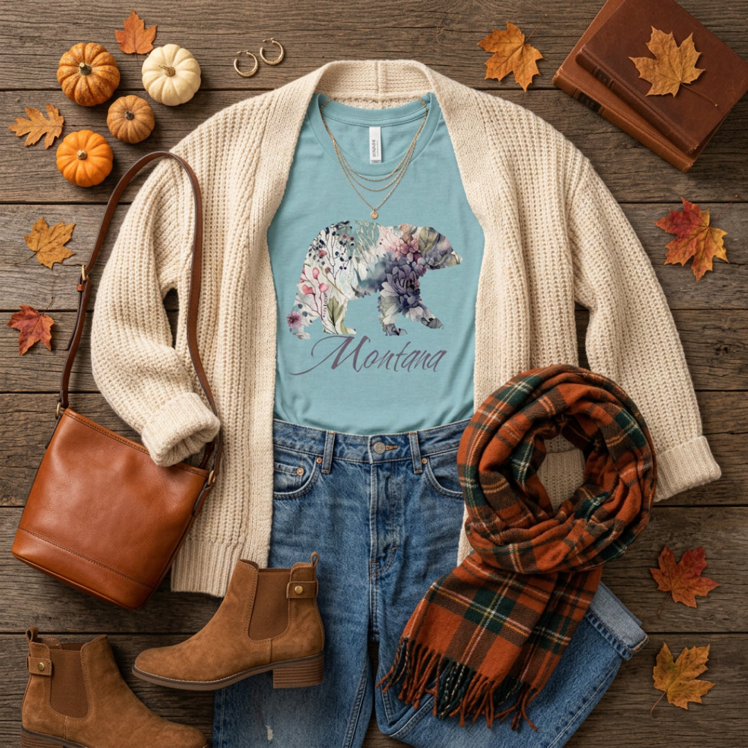 Montana Bear Women's T-Shirt – Purple Floral Wildlife Graphic Tee