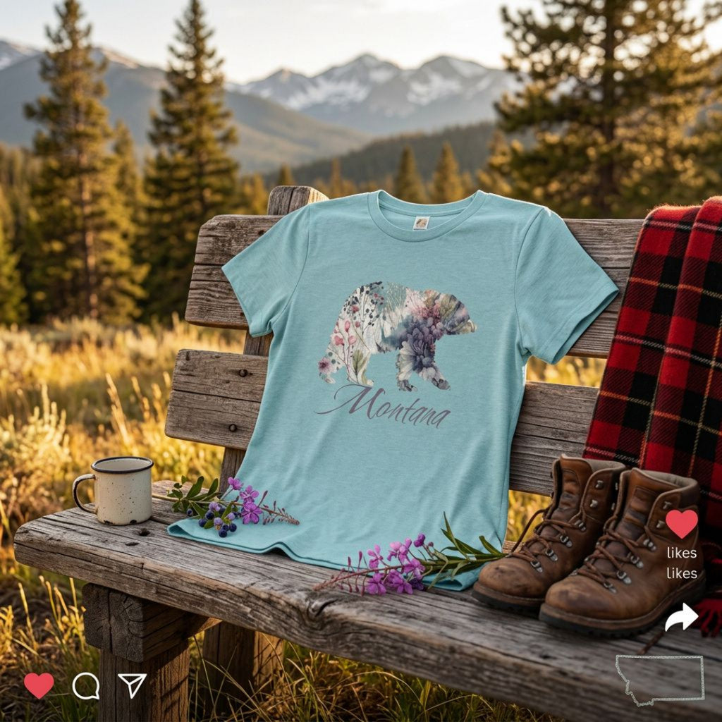 Montana Bear Women's T-Shirt – Purple Floral Wildlife Graphic Tee