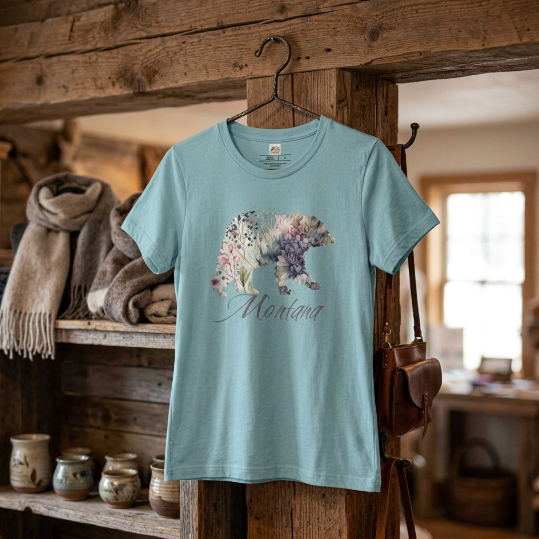 Montana Bear Women's T-Shirt – Purple Floral Wildlife Graphic Tee
