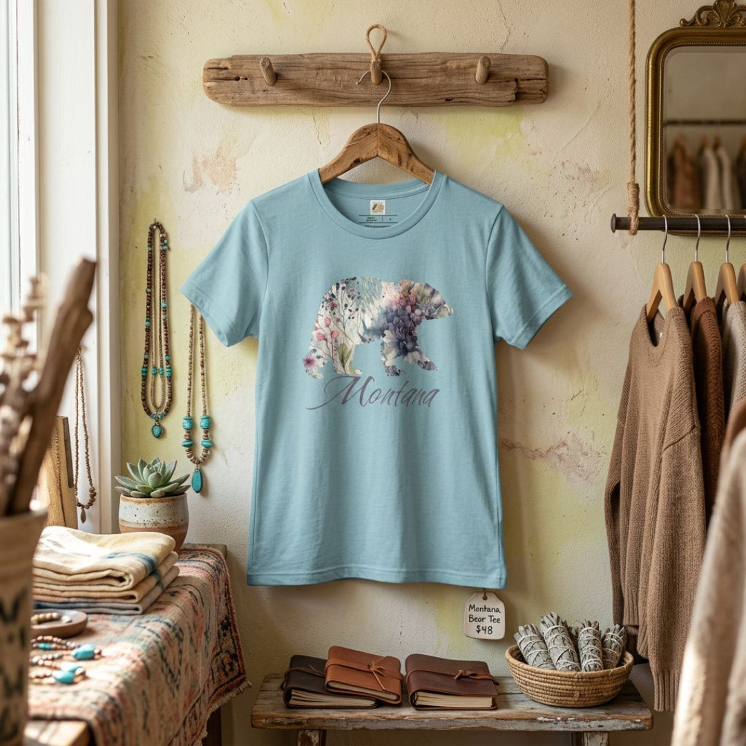 Montana Bear Women's T-Shirt – Purple Floral Wildlife Graphic Tee