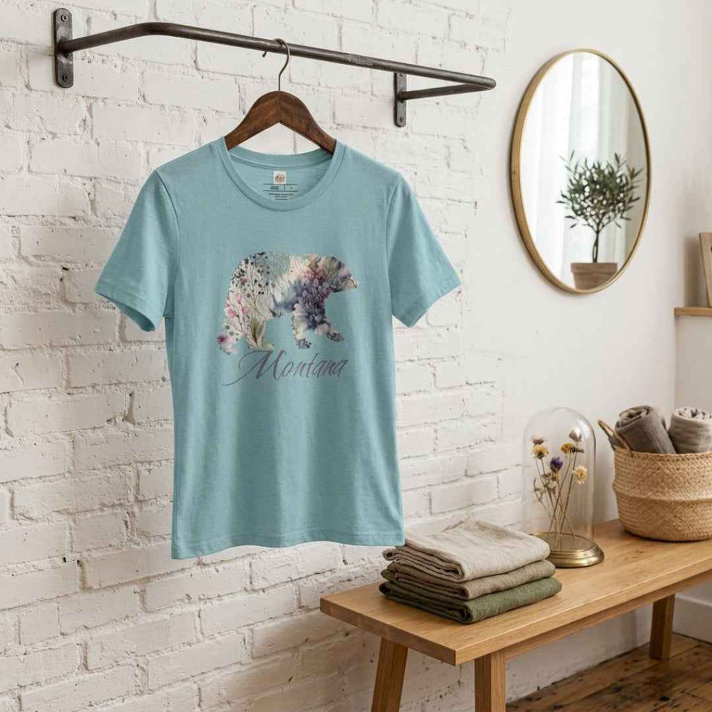 Montana Bear Women's T-Shirt – Purple Floral Wildlife Graphic Tee