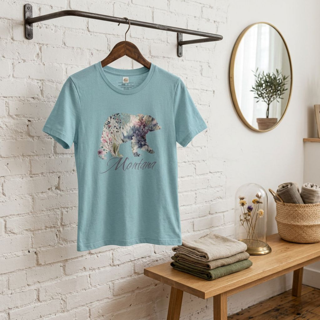 Montana Bear Women's T-Shirt – Purple Floral Wildlife Graphic Tee