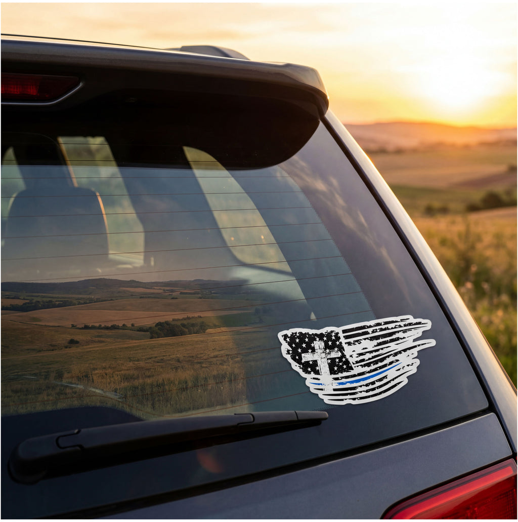 Thin Blue Line American Flag Cross Sticker | Police Support Vinyl Decal