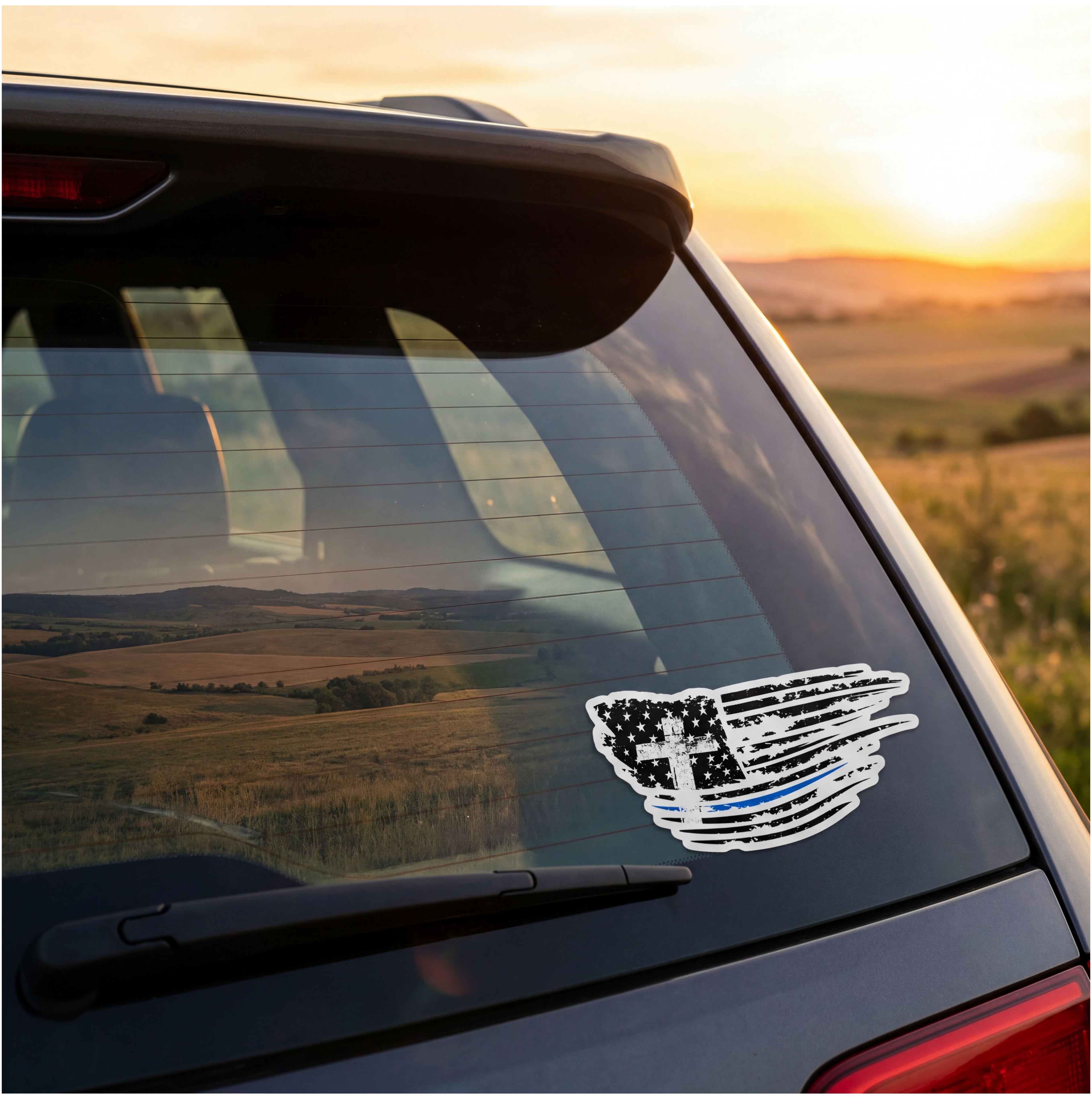 Thin Blue Line American Flag Cross Sticker | Police Support Vinyl Decal