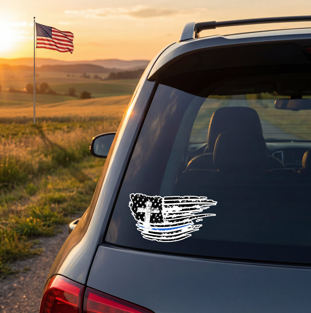 Thin Blue Line American Flag Cross Sticker | Police Support Vinyl Decal