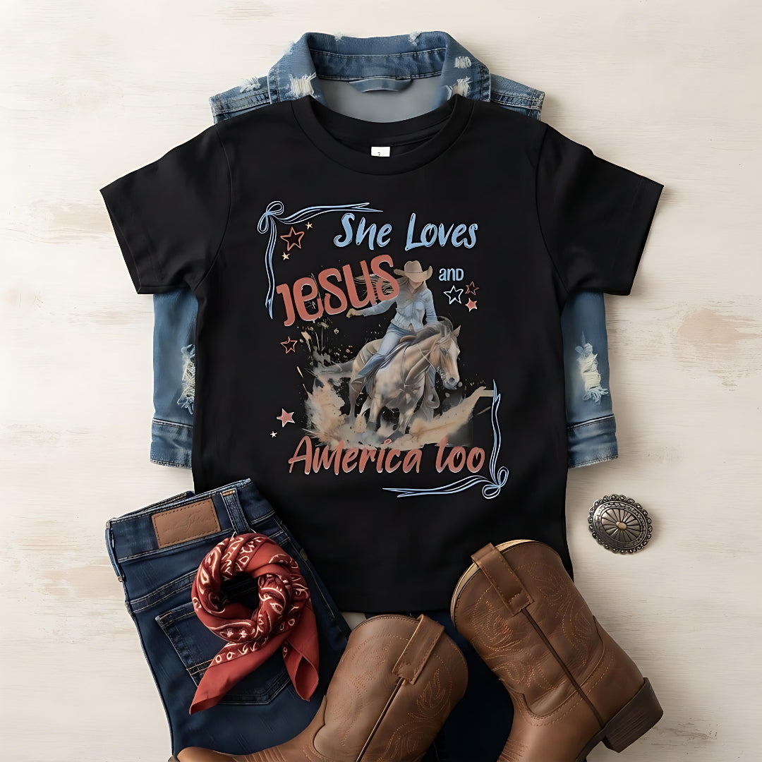 She Loves Jesus and America Too | Girls' Christian Cowgirl T-Shirt