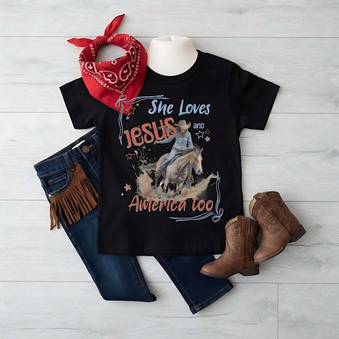 She Loves Jesus and America Too | Girls' Christian Cowgirl T-Shirt