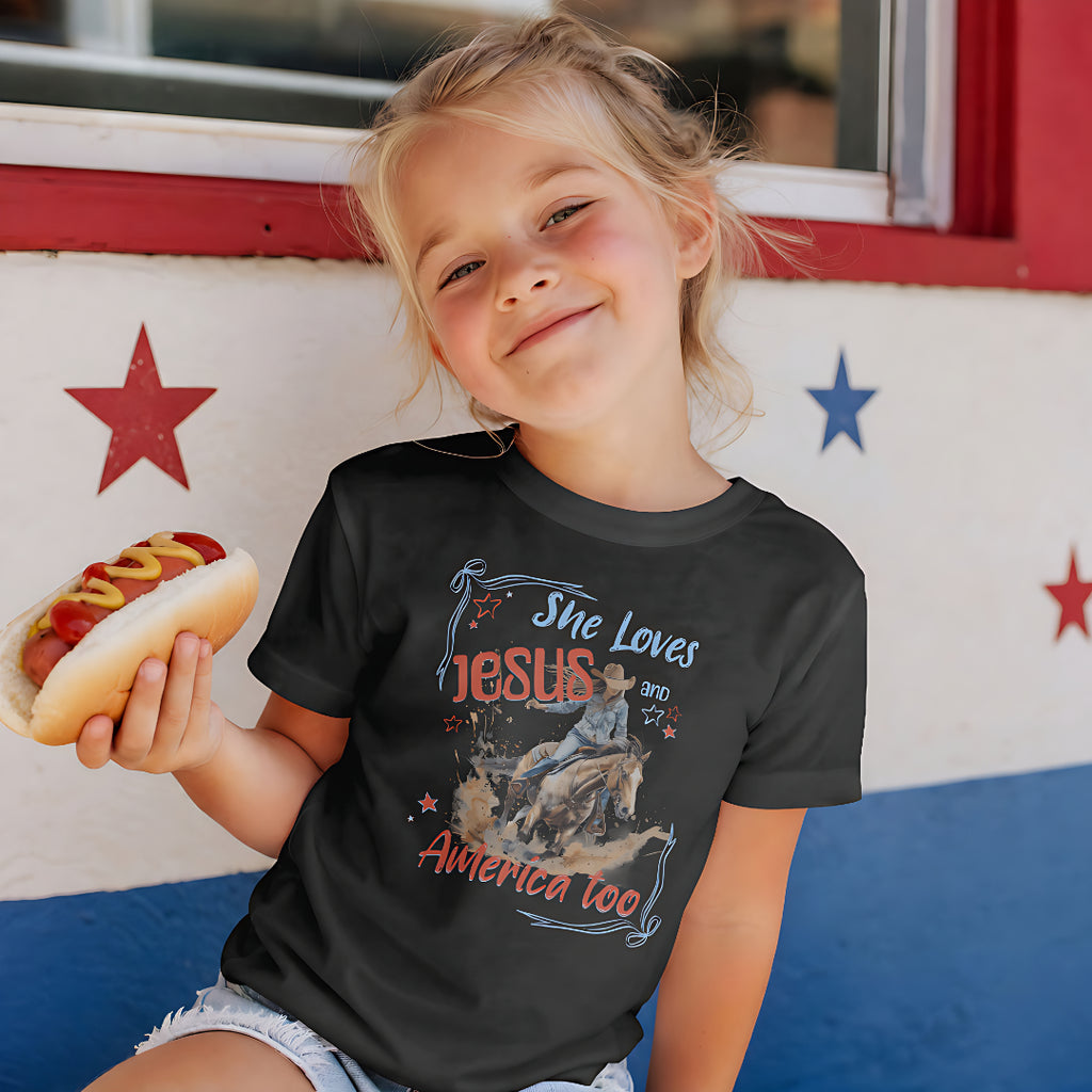 She Loves Jesus and America Too | Girls' Christian Cowgirl T-Shirt