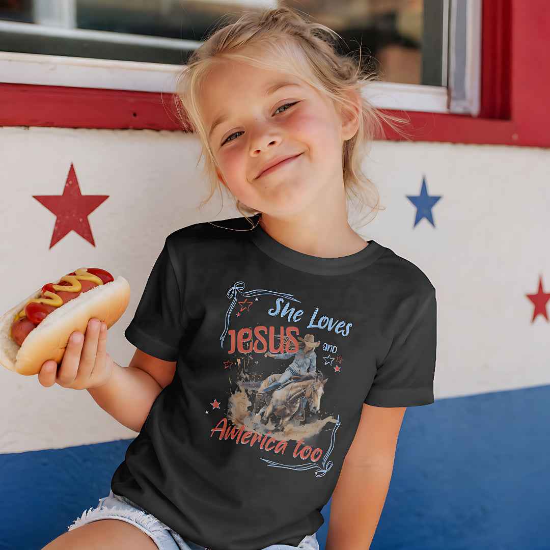 She Loves Jesus and America Too | Girls' Christian Cowgirl T-Shirt