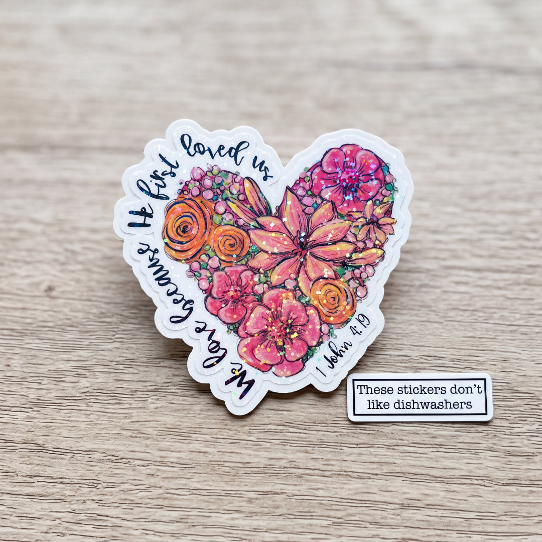 Glitter Christian Bible Verse Floral Heart Sticker