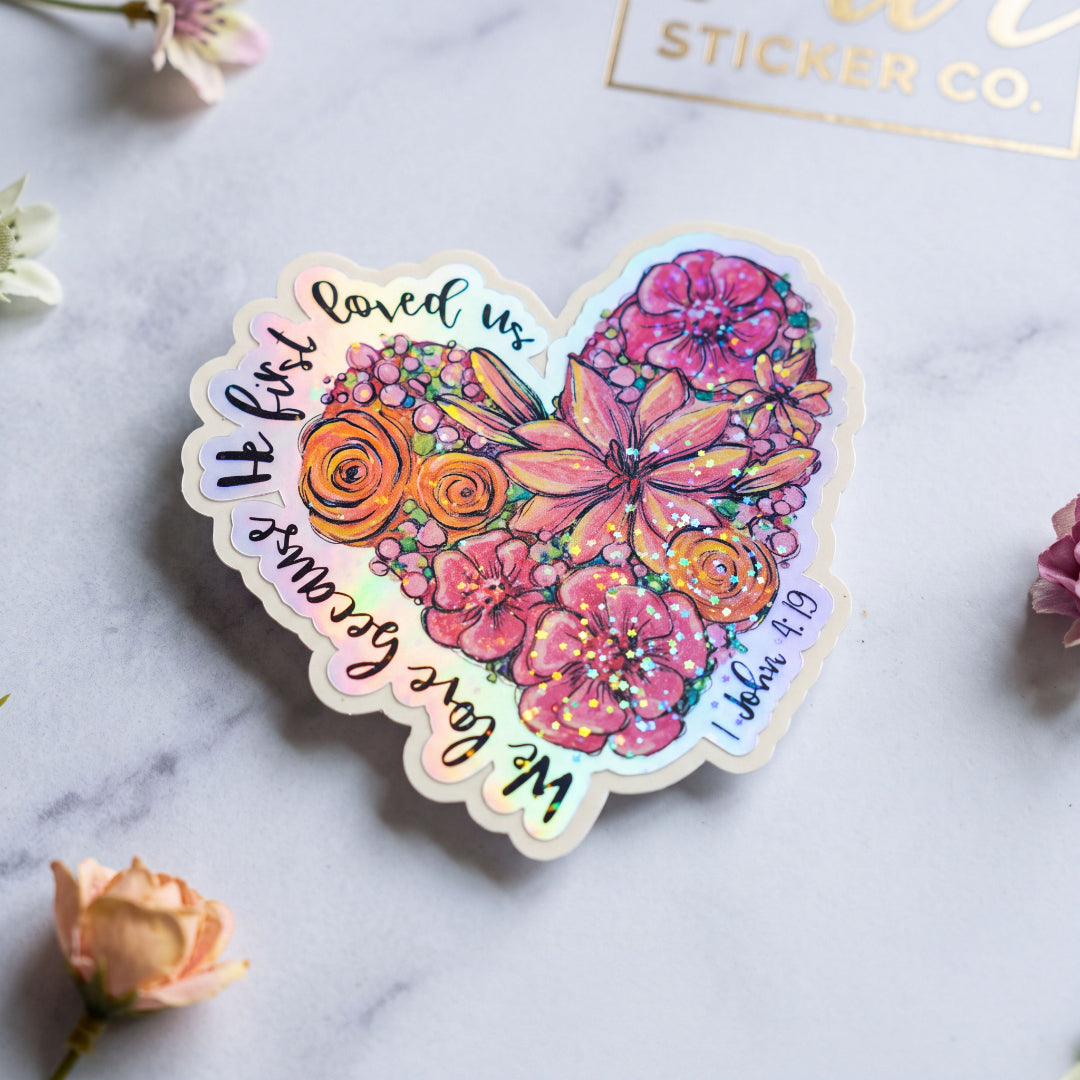 Glitter Christian Bible Verse Floral Heart Sticker