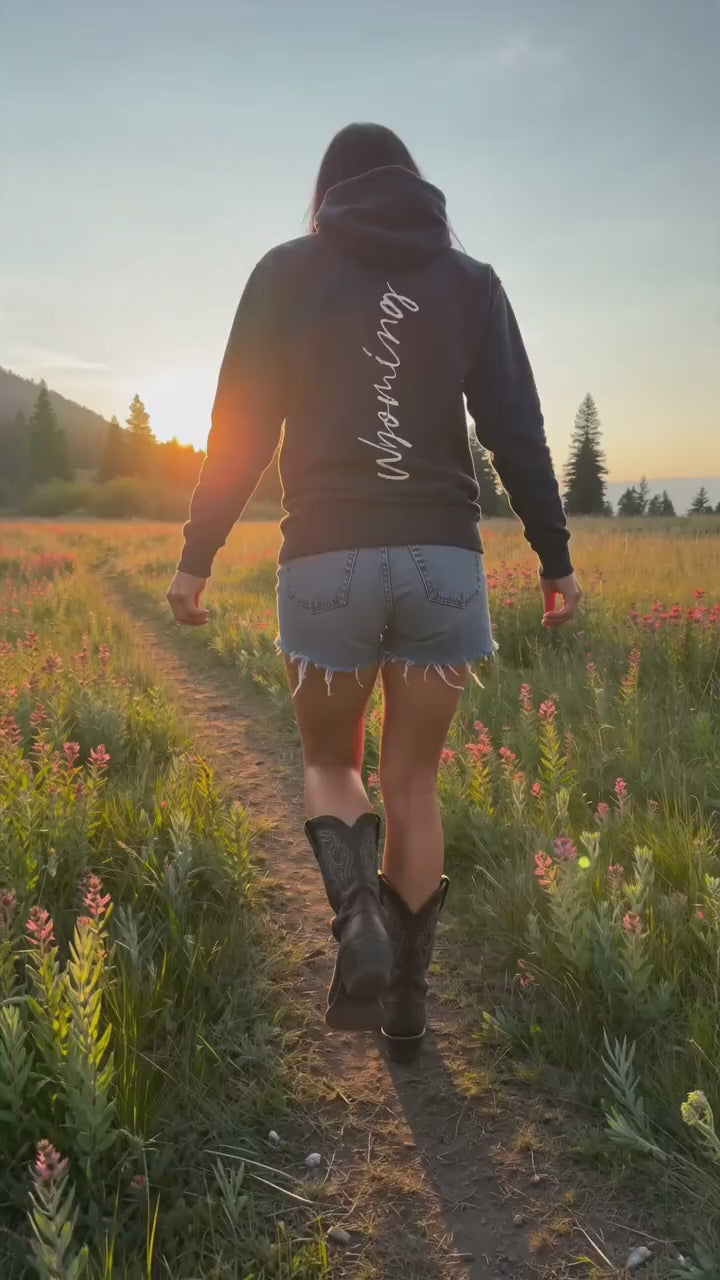 Wyoming Boho Buffalo Sweatshirt Hoodie – Navy Blue Back Print Western Apparel