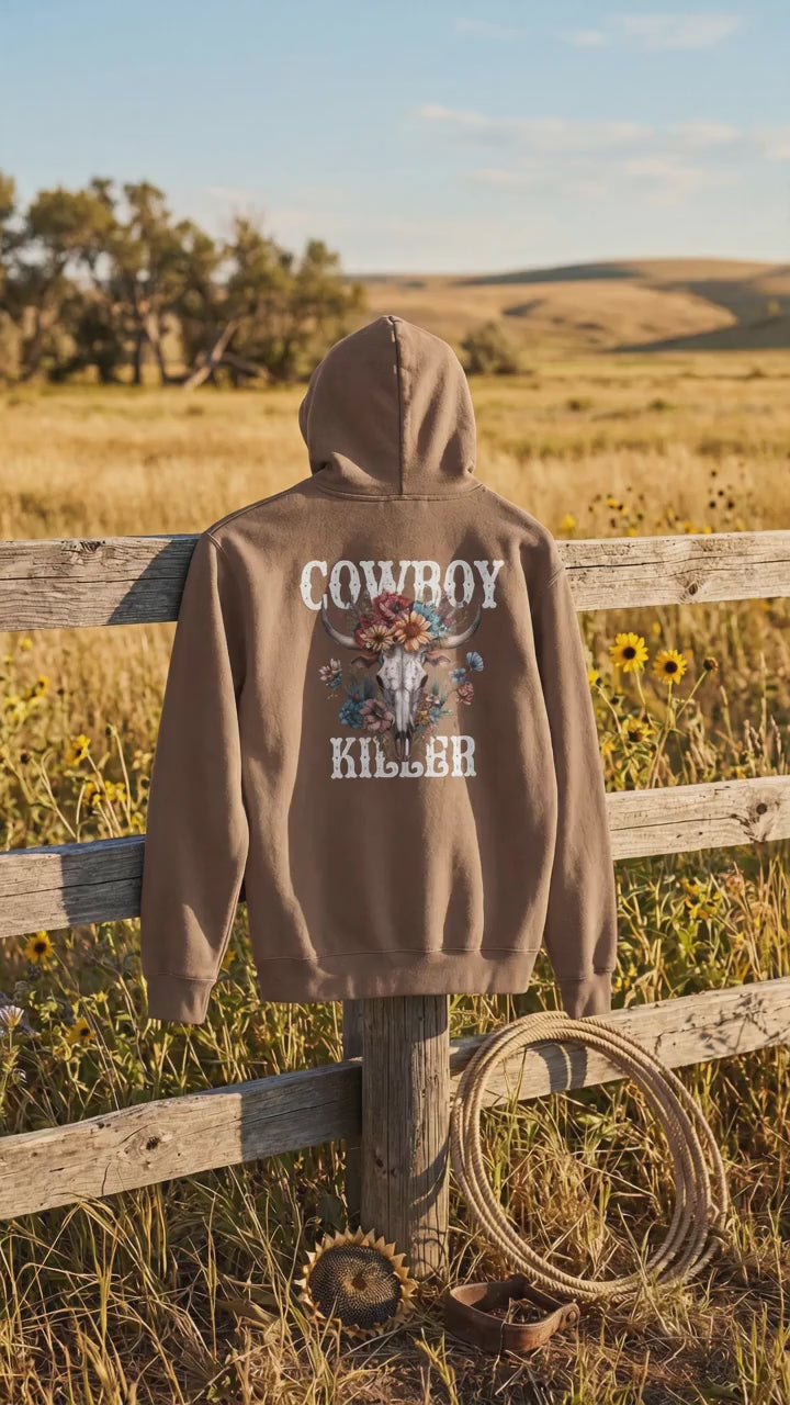 Western‑Inspired “Cowboy Killer” Hoodie – Oversized Khaki Brown Women’s Sweatshirt, Rustic Hoodie, Loungewear