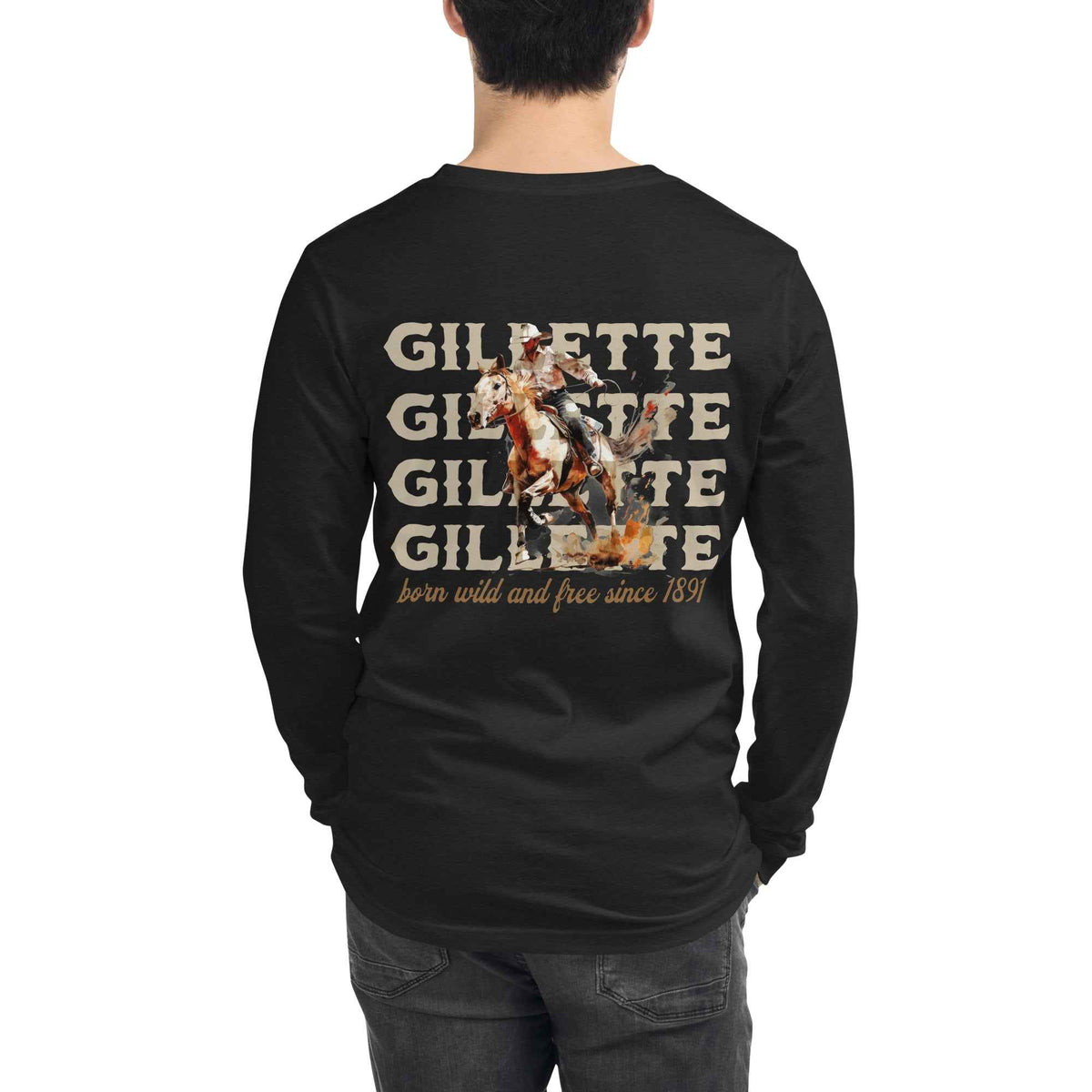 Gillette Wyoming Cowboy Riding Horse Long Sleeve Shirt – WYO Graphic Western Tee