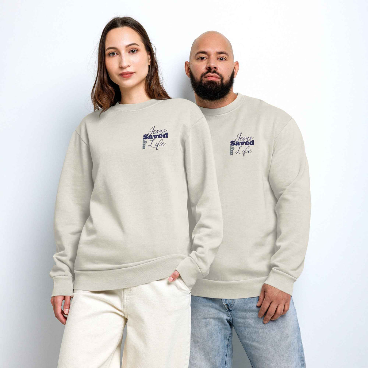Jesus Saved My Life Embroidered Crewneck Sweatshirt – Cream Christian Sweatshirt | Titus 3:5