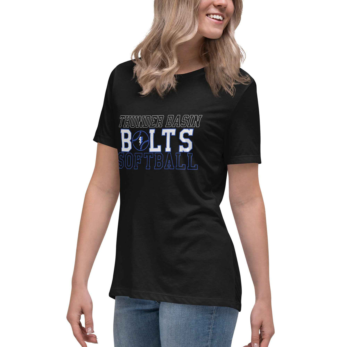 Women's Relaxed Thunder Basin High School Softball, Bolts Softball, Bolts Gear, Gillette Wyoming Softball Shirt